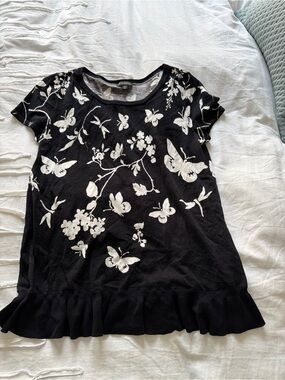 Talbots Black Tee with White Floral and Butterfly Print